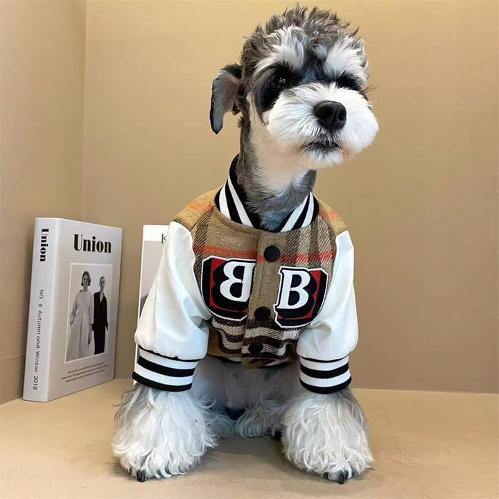 Back view of sporty dog plaid baseball jacket, highlighting design and fit for pets