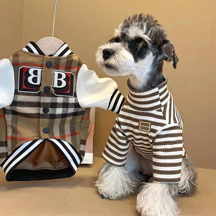 Folded plaid baseball jacket for dogs, neat and ready to wear pet apparel