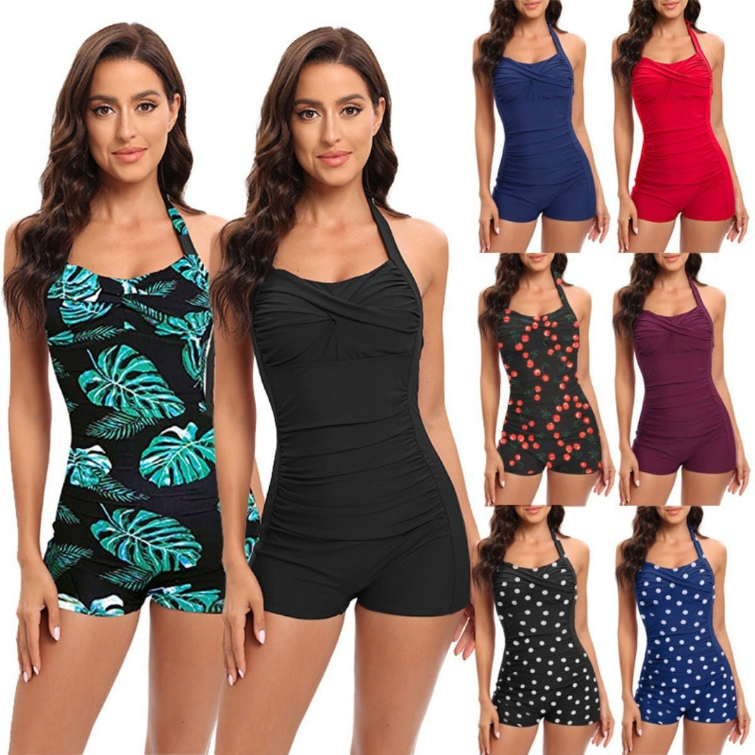 Sporty women's tummy control boyshort one-piece swimsuit for active summer beachwear.