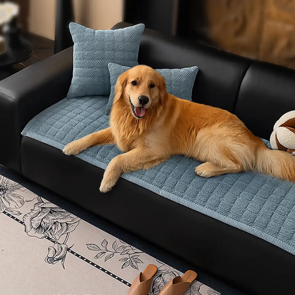 Square corduroy pet-friendly couch cover in gray with non-slip backing, protecting sofa.