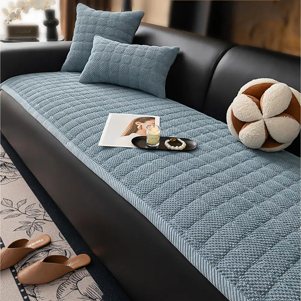 Various colors of square corduroy pet-friendly non-slip couch covers, product display.