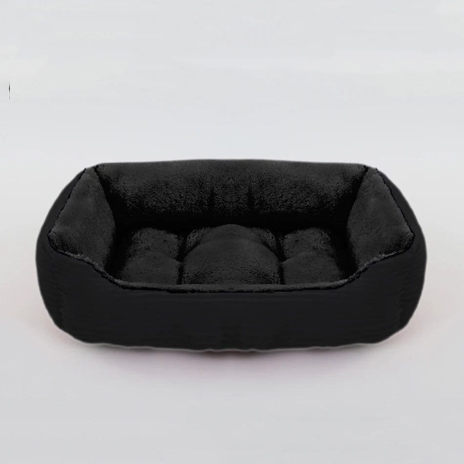 Plush square dog bed with bolster support, made with waterproof oxford fabric