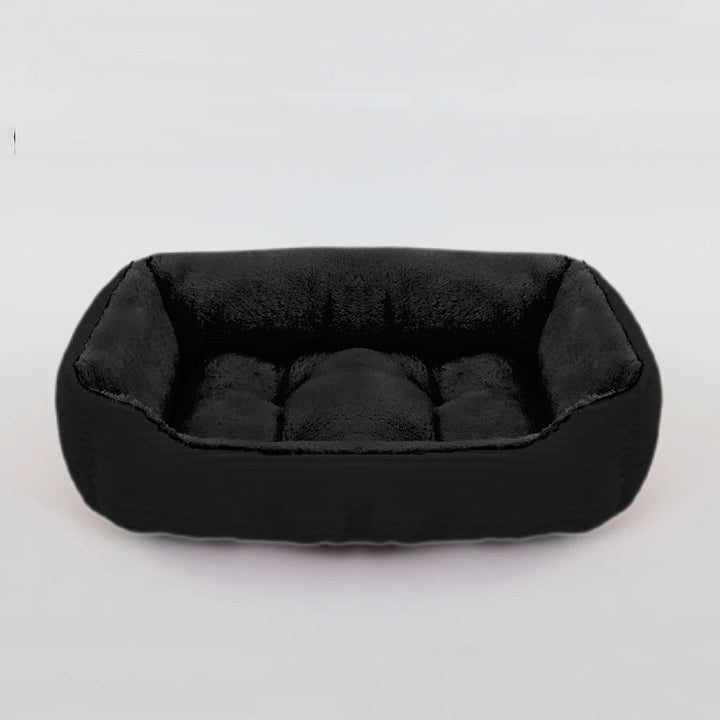 Plush square dog bed with bolster support, made with waterproof oxford fabric