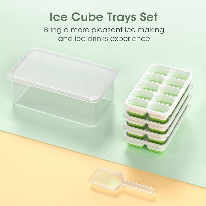 Flexible food-grade silicone ice maker trays & large storage bin; essential home kitchen freezer accessory.