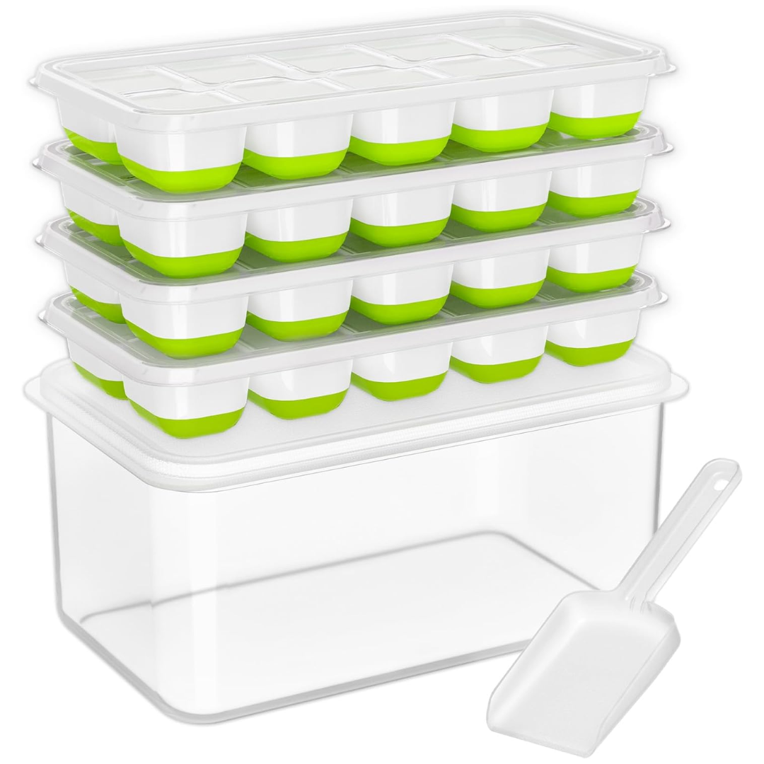 Stackable silicone ice cube trays with lid & storage bin for easy chilling of drinks & freezer organization.