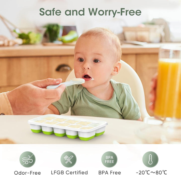 Stackable silicone ice cube trays with a protective lid & storage bin for clean, odor-free ice.