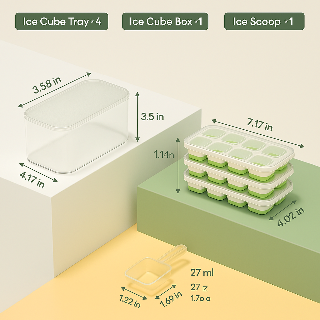 Premium silicone ice molds with stackable design & storage bin for refreshing drinks and neat freezer.