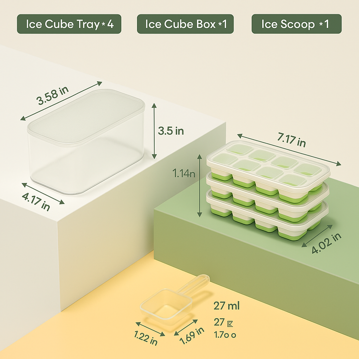 Premium silicone ice molds with stackable design & storage bin for refreshing drinks and neat freezer.