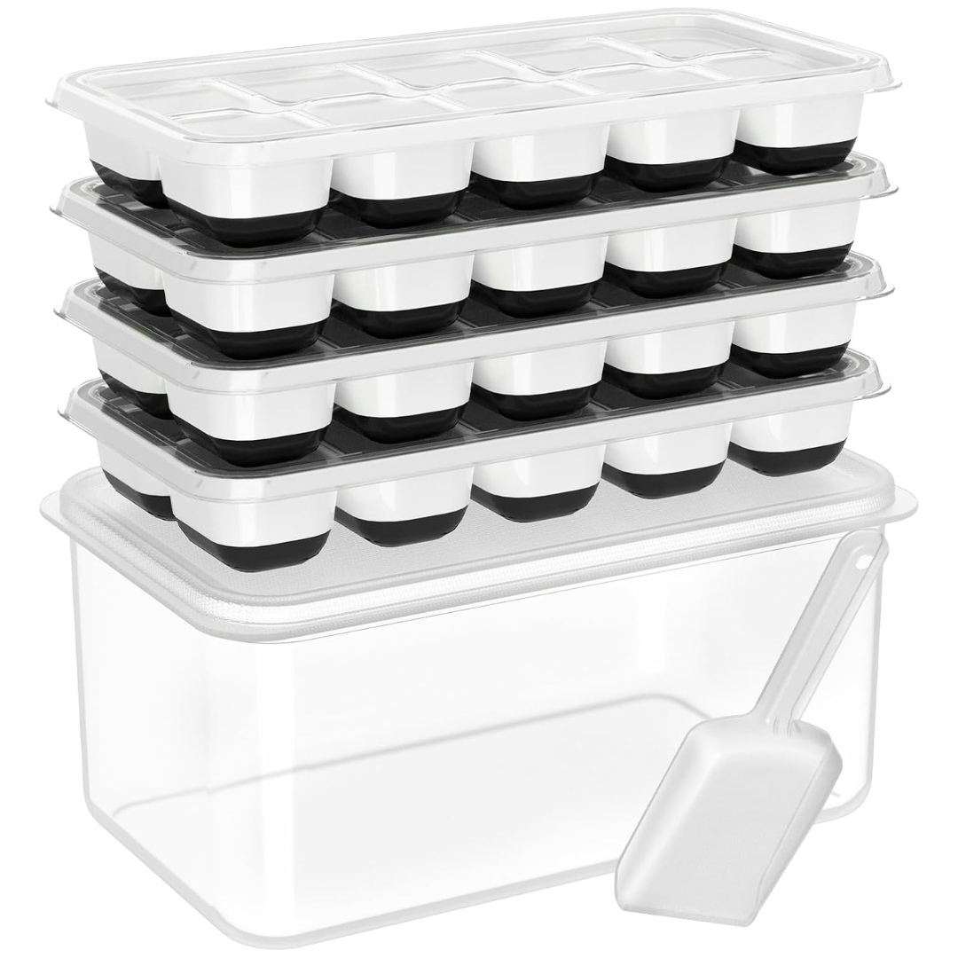 Food-grade silicone ice molds, stackable with storage bin for quick ice release & freezer space saving.
