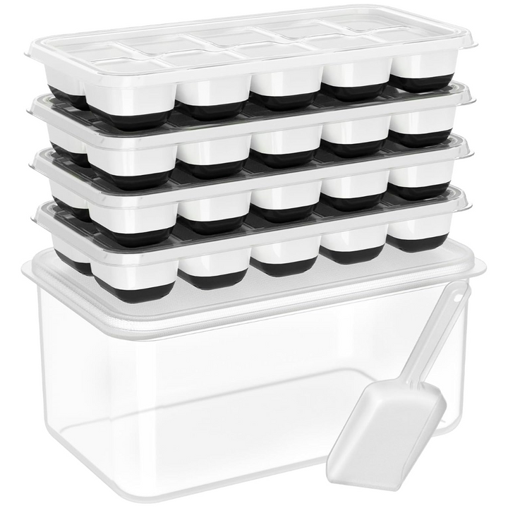 Food-grade silicone ice molds, stackable with storage bin for quick ice release & freezer space saving.