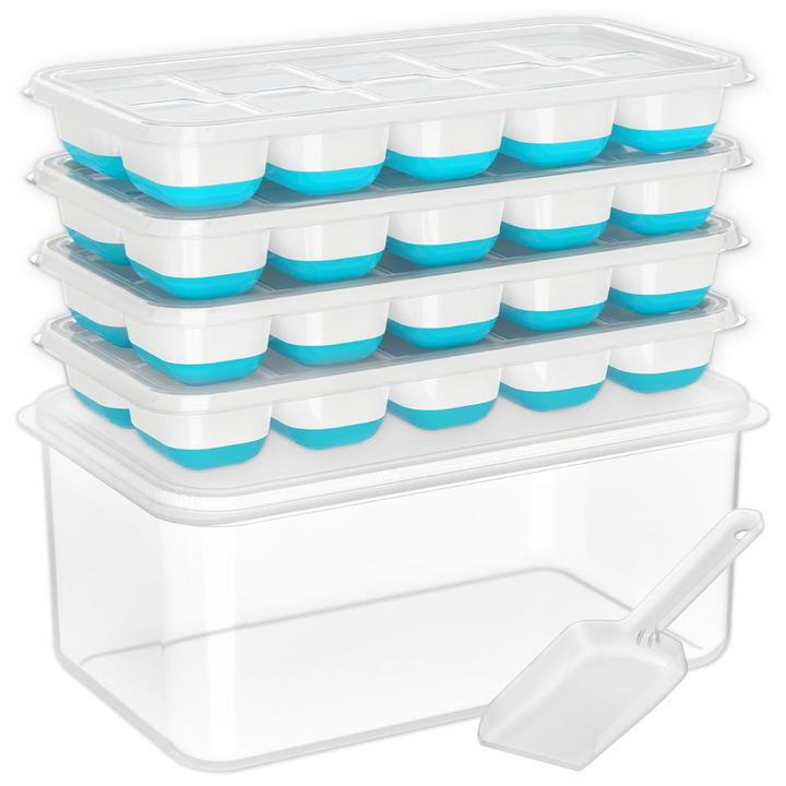 Easy-release silicone ice cube trays & storage bin, perfect for drink chilling & home bar essentials.