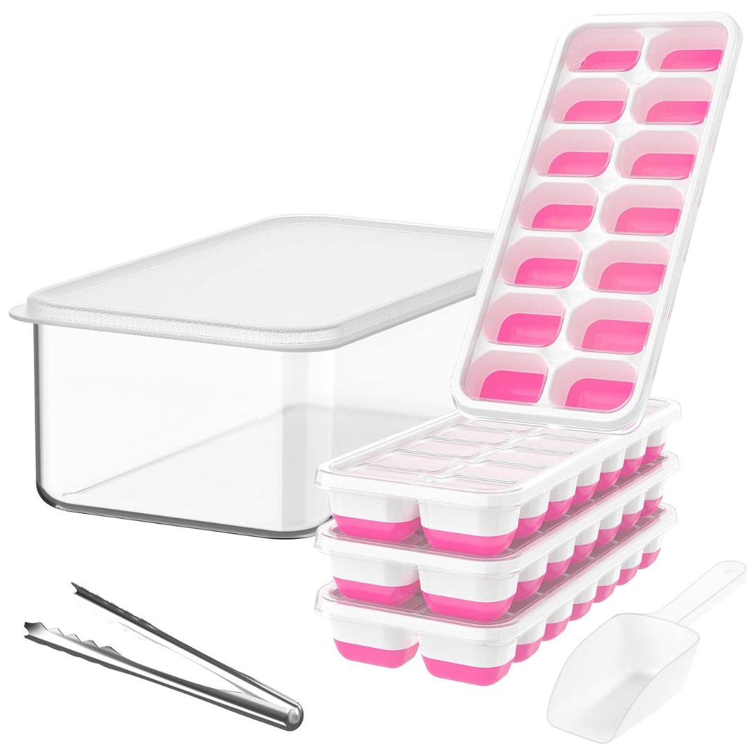 Complete set: 2 stackable silicone ice trays, lid, and large storage bin for effortless ice making.