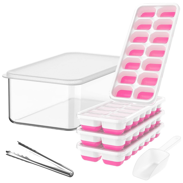 Complete set: 2 stackable silicone ice trays, lid, and large storage bin for effortless ice making.