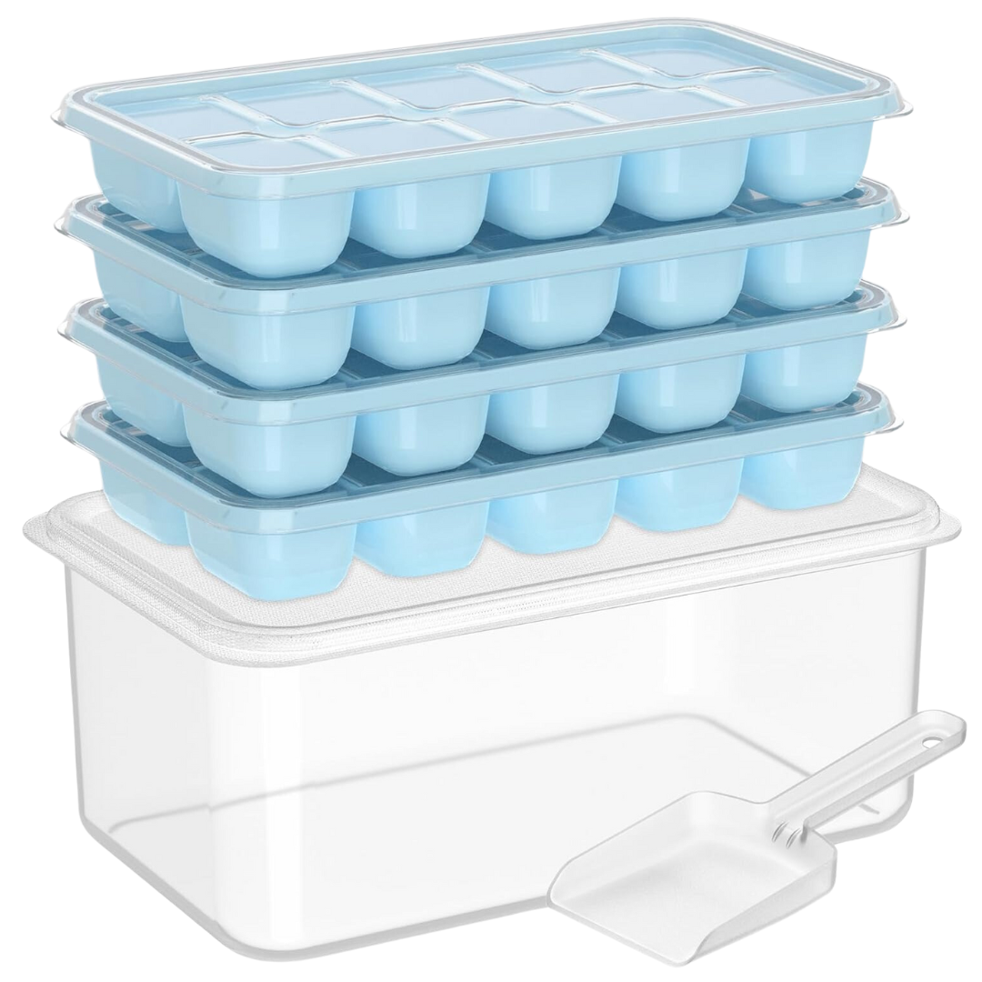 Space-saving stackable silicone ice trays with bin, ideal for efficient freezer storage and chilling.