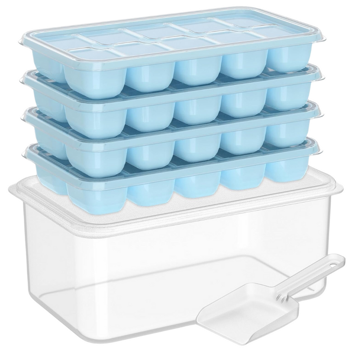 Space-saving stackable silicone ice trays with bin, ideal for efficient freezer storage and chilling.