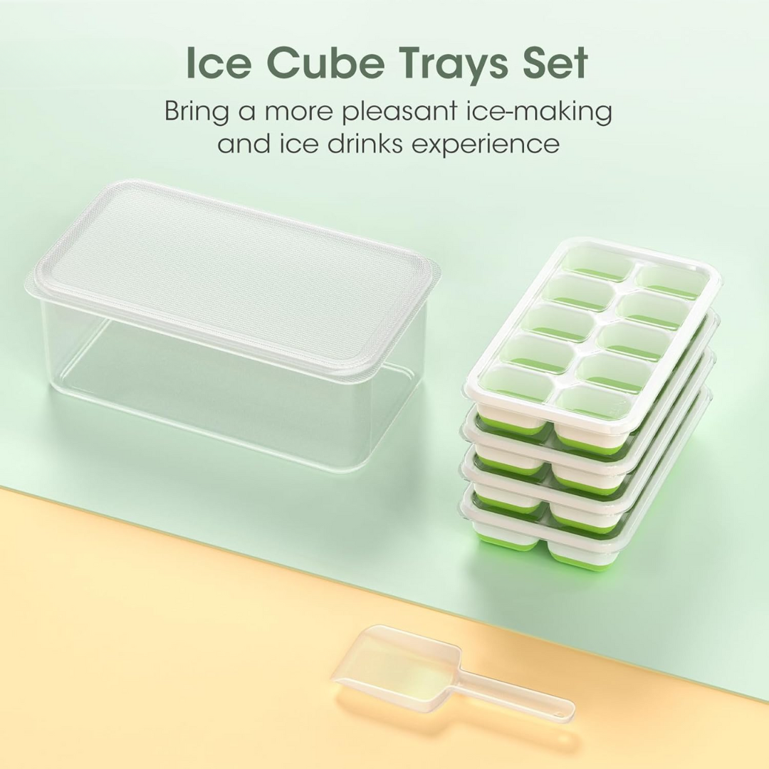 Flexible silicone ice cube molds & bin for easy ice removal, a must-have for kitchen essentials.