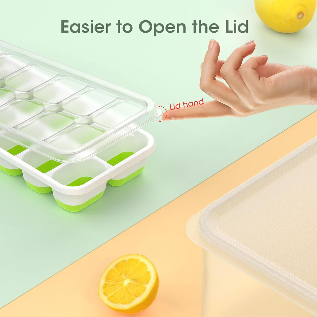 Stackable silicone ice trays with lid and large freezer storage bin for convenient ice making.