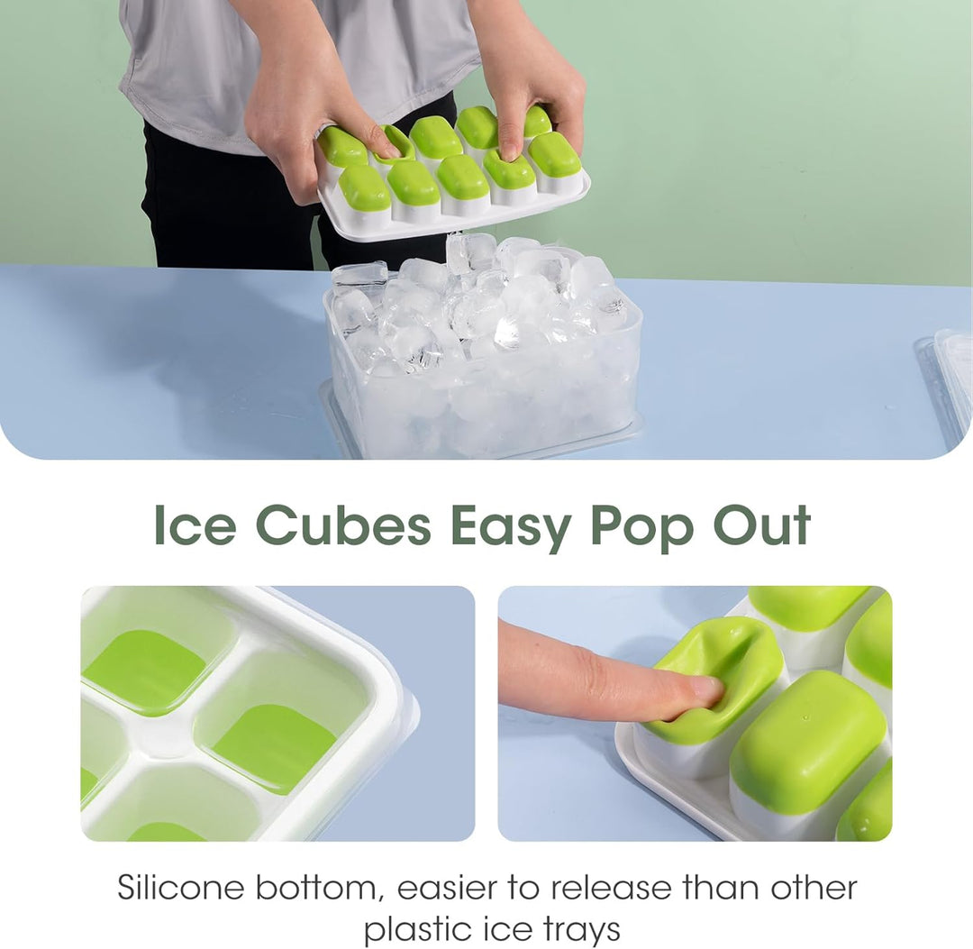 Two stackable silicone ice cube trays and a storage bin for continuous ice supply & chilling.