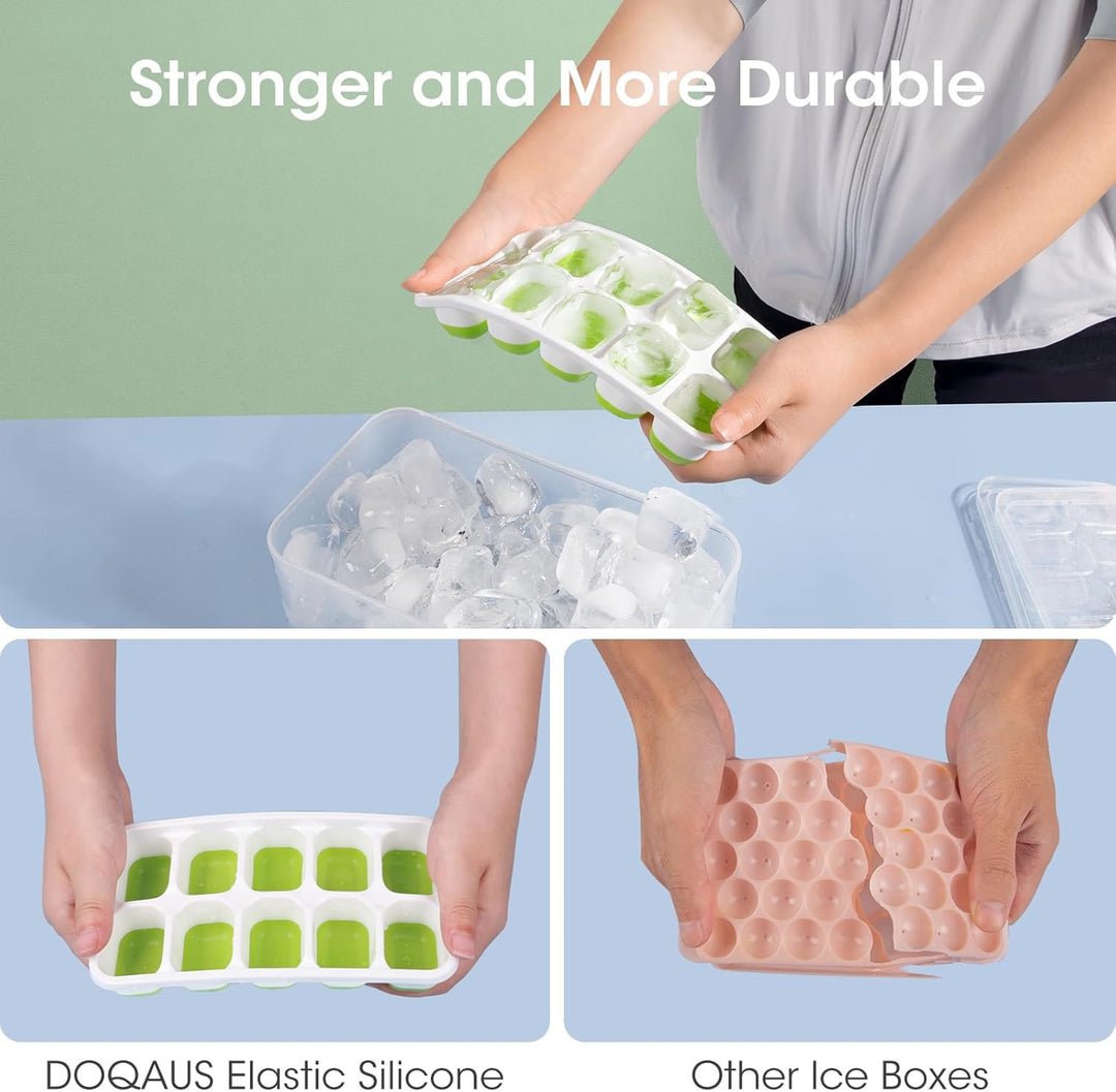 Durable storage bin and stackable silicone ice molds for organized freezer and quick drink chilling.