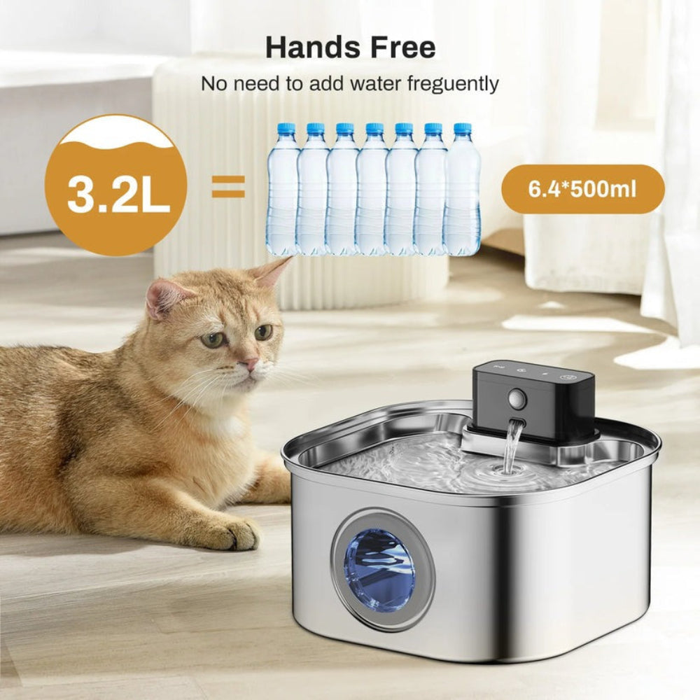 Stainless steel cat water fountain with auto sensor, 3.2L, ensuring fresh pet hydration