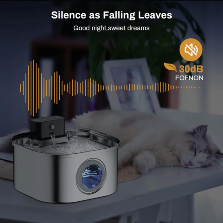 Close-up of 3.2L stainless steel automatic sensor cat fountain, perfect for pet hydration