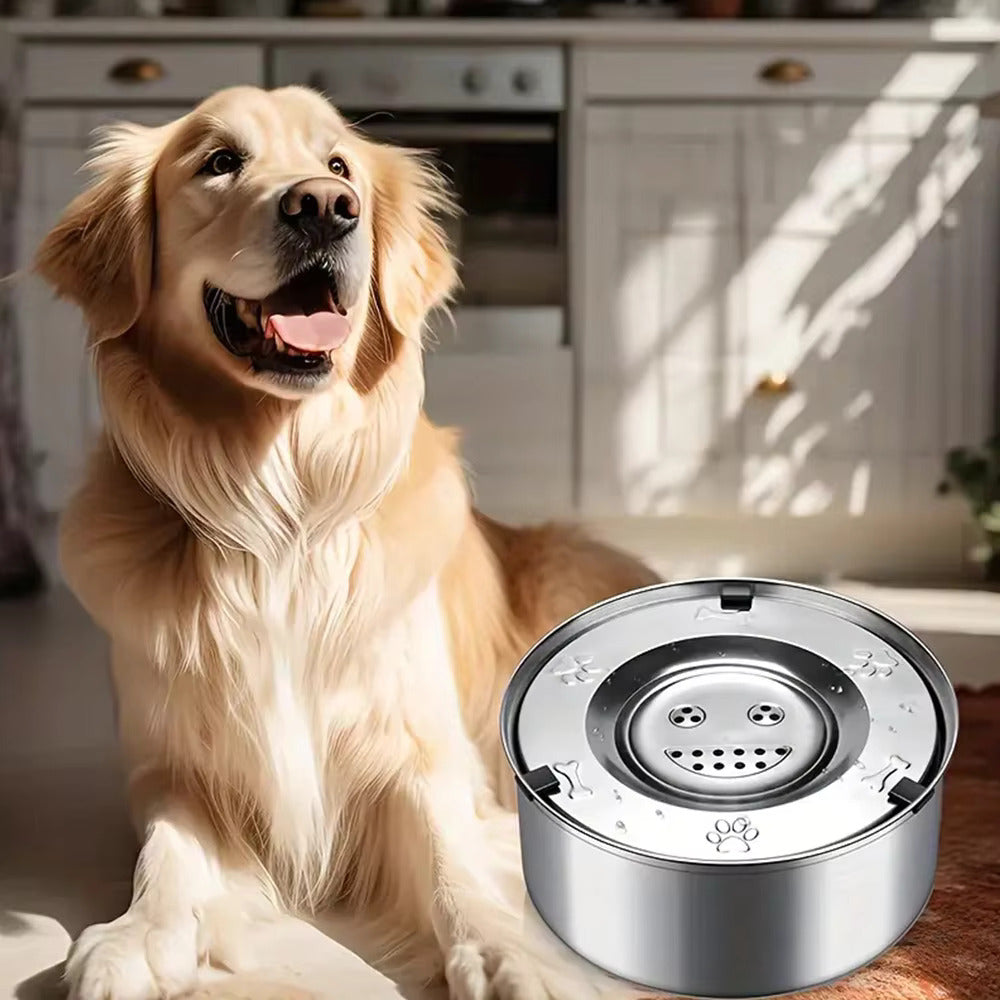 Stainless steel dog water bowl with spill-stop design, perfect for pet feeders.