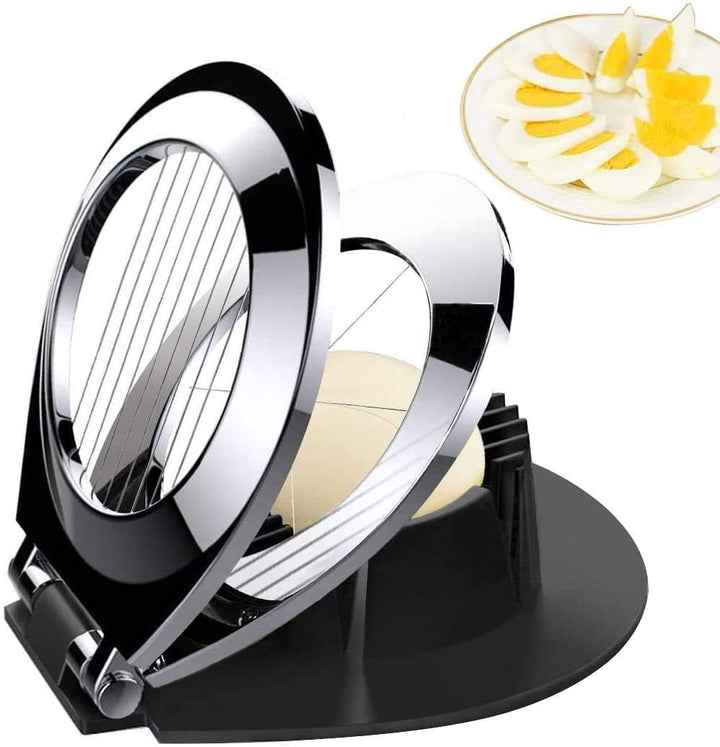 Modern egg slicer with 3 cutting options. A robust stainless steel kitchen tool for versatile use.