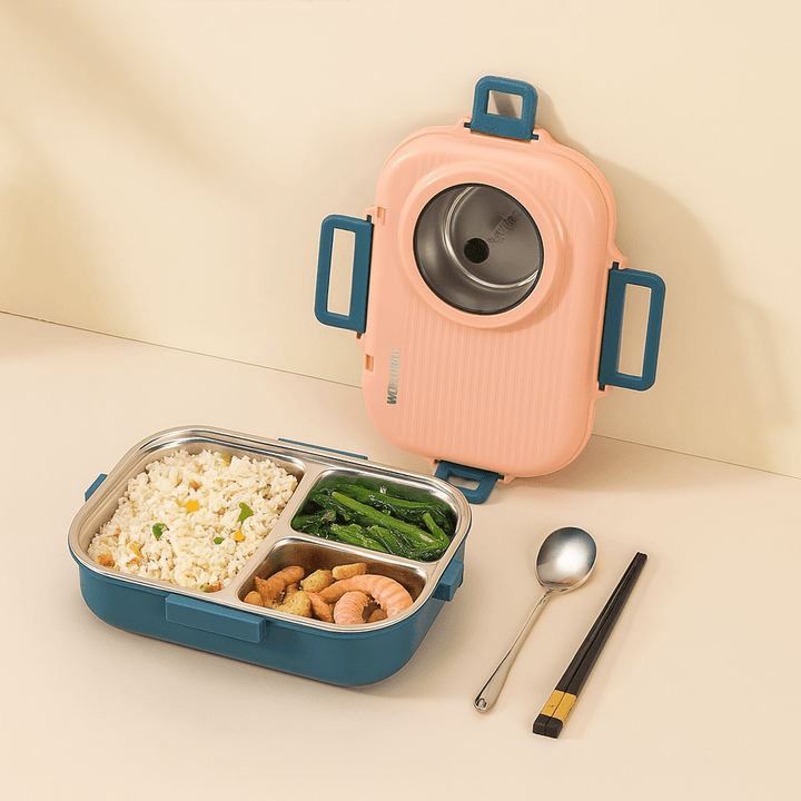 Open stainless steel lunchbox, 3 compartments, ideal for organized meal prep and bento-style meals.