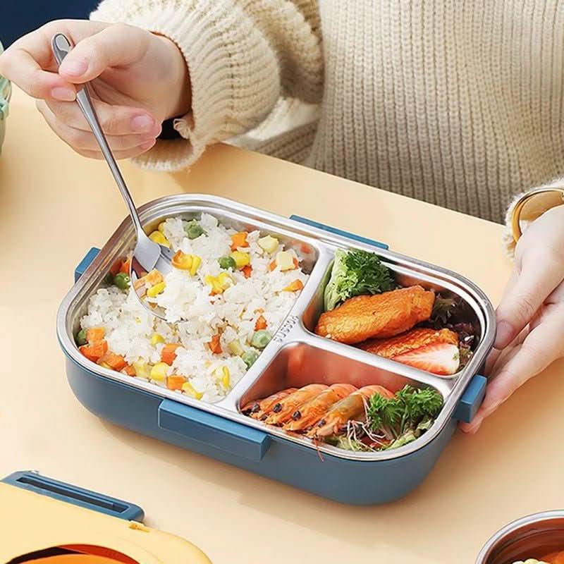 Leak-proof stainless steel food container, side view showing secure clasps and airtight seal for portability.