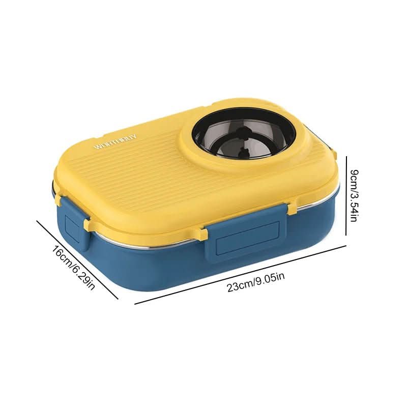 Stainless steel leak-proof lunchbox, 3 compartments, stacked with other kitchen meal prep containers.