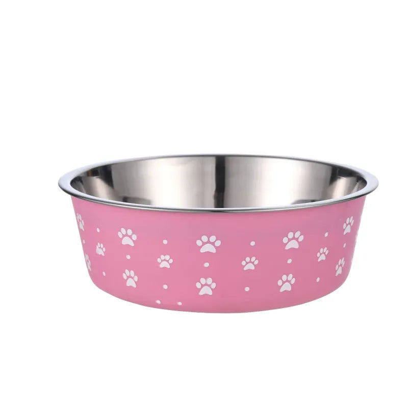 Stainless steel pet food bowl with non-slip gray rim for cats and dogs, easy to clean and durable.