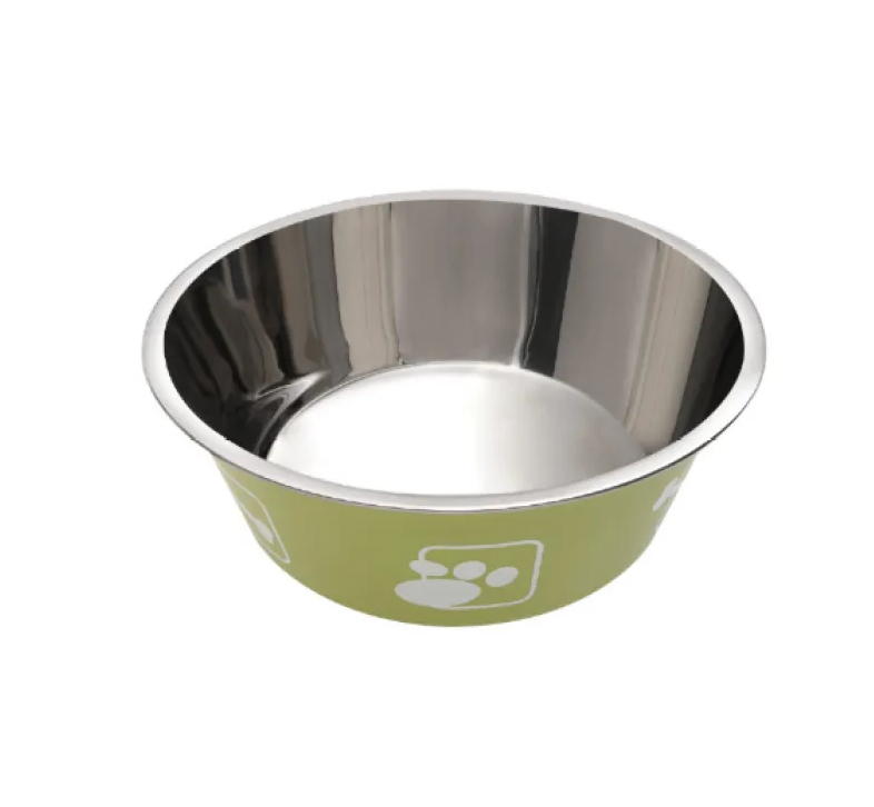 Pet feeding solution: stainless steel bowl with dark gray non-skid base, very hygienic.