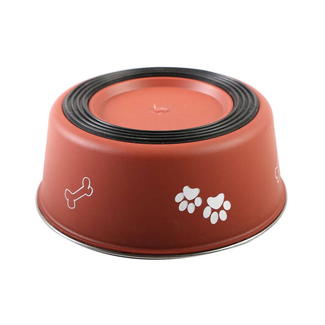 Durable pet stainless steel bowl with a gray rubber rim, perfect for dog food or cat water.