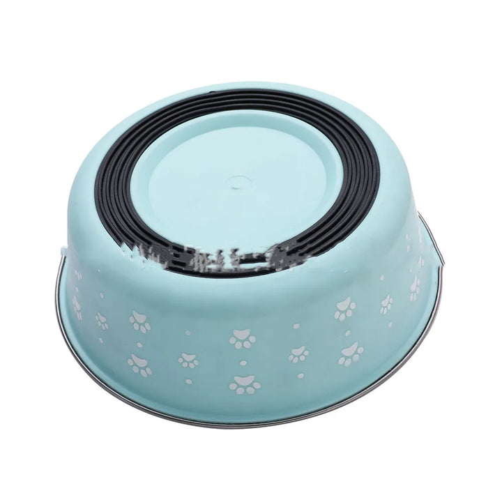 Non-slip stainless steel pet bowl for dogs and cats, featuring a stylish gray outer rim.