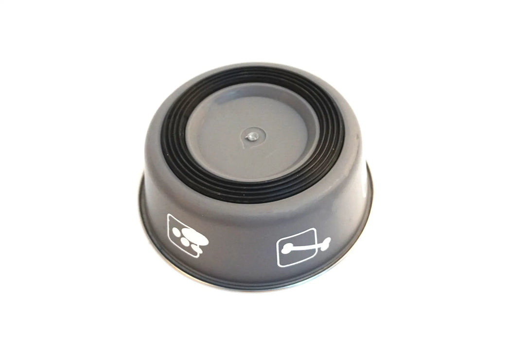 Easy-clean stainless steel pet feeding bowl with a gray grip base, ideal for all pets.