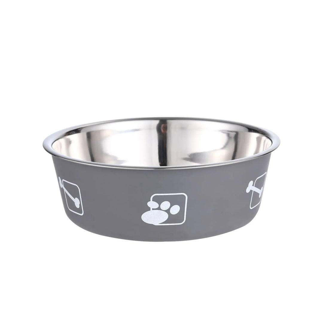Pet accessory: stainless steel dog bowl with gray anti-slip ring, great for food and water.