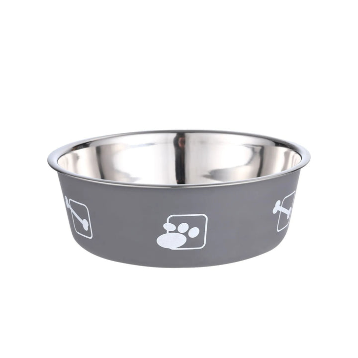 Pet accessory: stainless steel dog bowl with gray anti-slip ring, great for food and water.