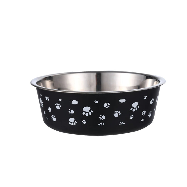 Modern design stainless steel pet bowl with a grey rim, ensuring stability for hungry pets.