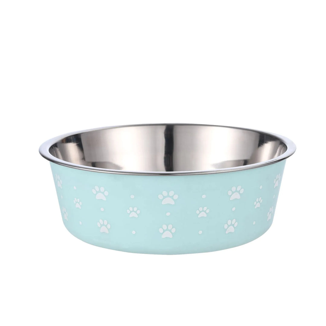 Robust stainless steel pet bowl for water and food, featuring a practical gray non-slip band.