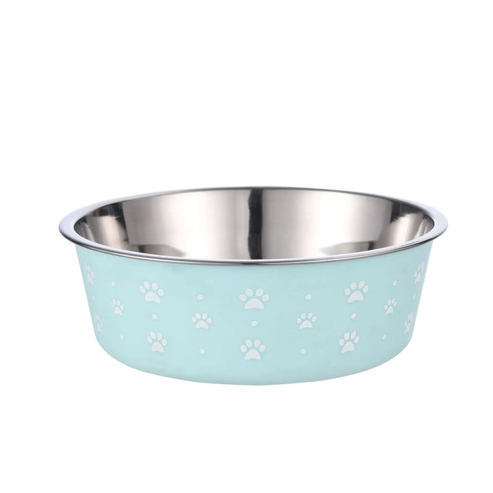Robust stainless steel pet bowl for water and food, featuring a practical gray non-slip band.