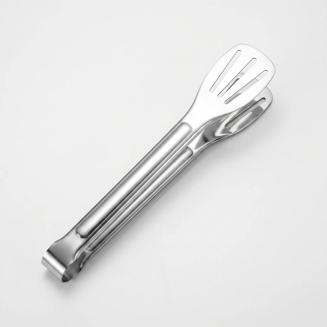 Versatile slotted tongs for cooking, grilling BBQ, and serving various foods.