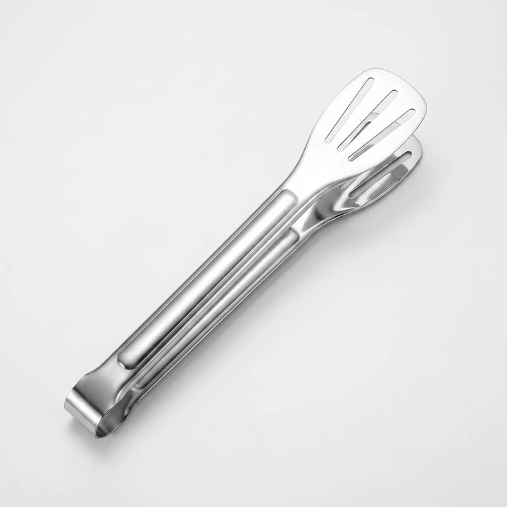 Versatile slotted tongs for cooking, grilling BBQ, and serving various foods.