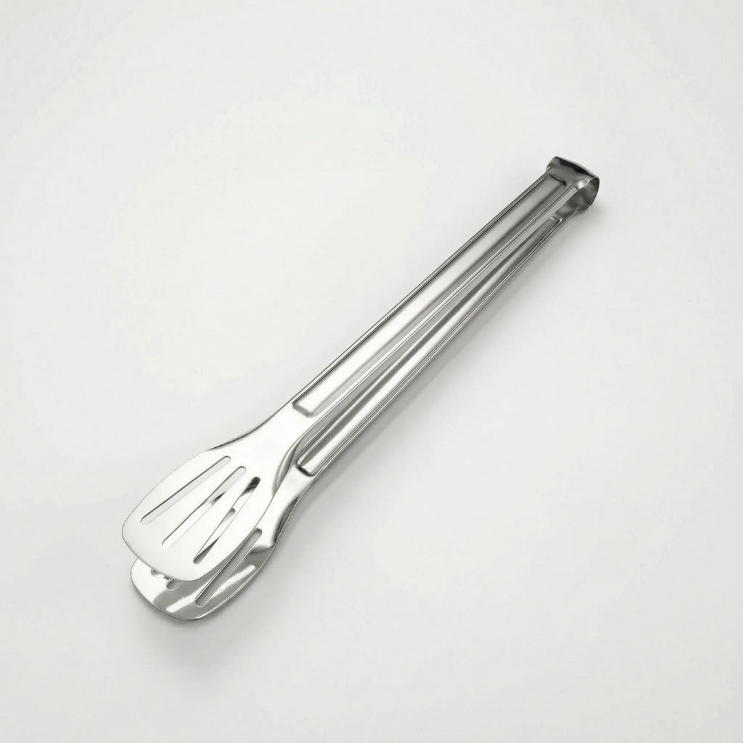 Slotted stainless steel tongs for BBQ, grilling meat, vegetables, and general kitchen use.