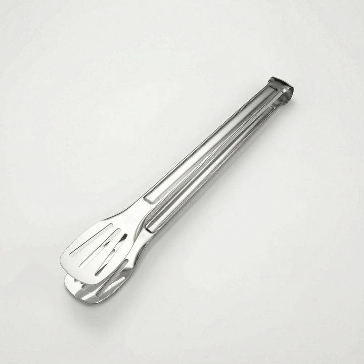Slotted stainless steel tongs for BBQ, grilling meat, vegetables, and general kitchen use.