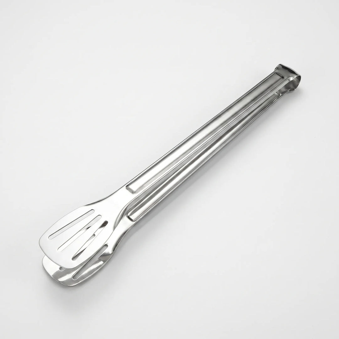 Slotted cooking tongs, ideal for flipping food on the grill or serving pasta.