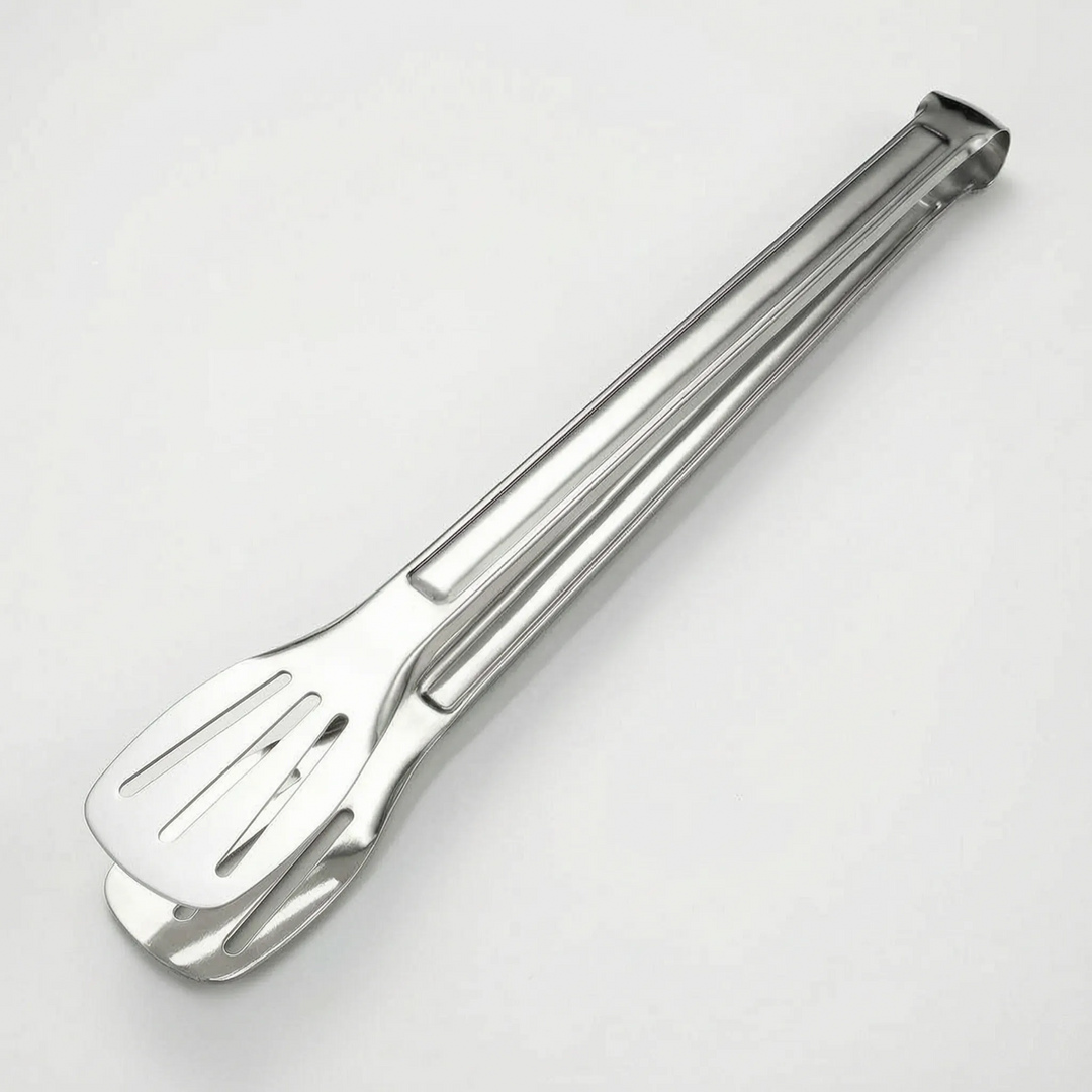 Unisex stainless steel slotted tongs for easy food handling in kitchen & outdoor grilling.