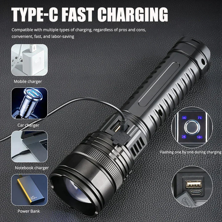 Versatile 10000 lumen rechargeable LED torch, doubles as a power bank for emergency outdoor gear.