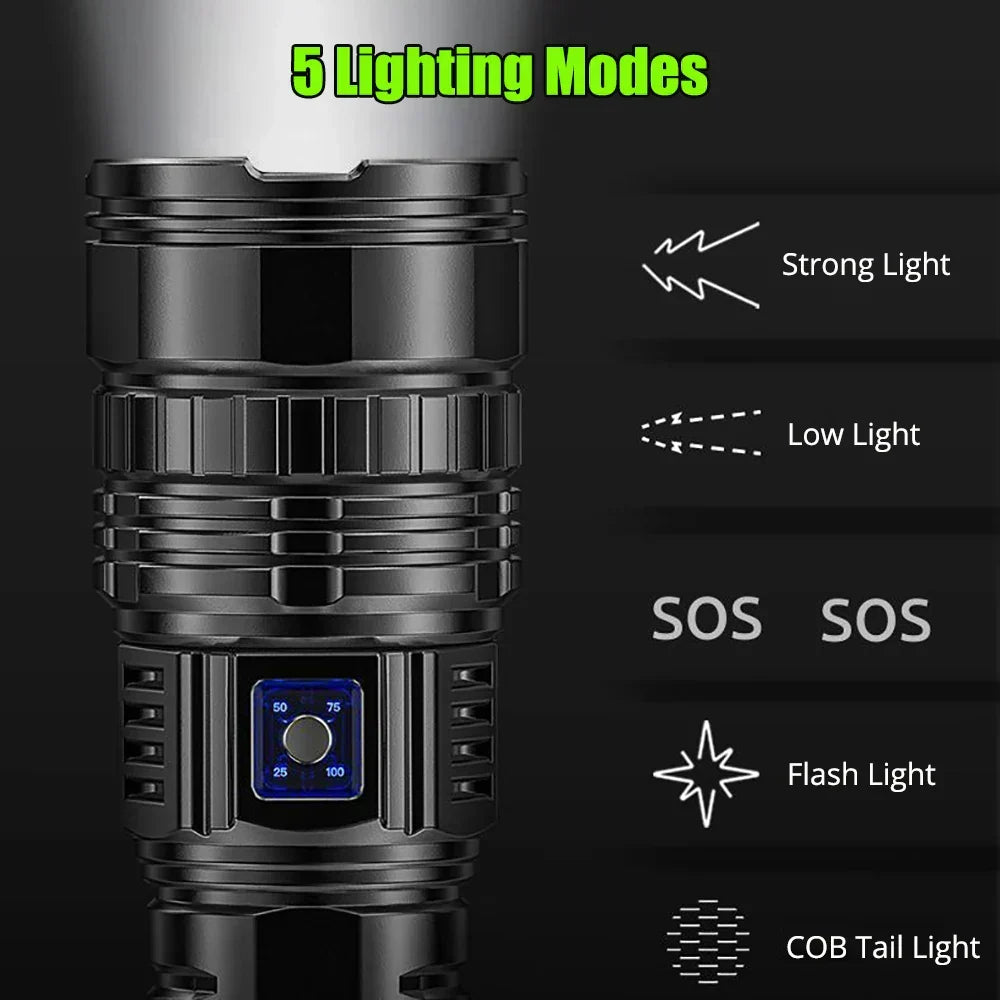 Bright 10000 lumen rechargeable LED torch, perfect for camping, hiking, and general outdoor lighting.