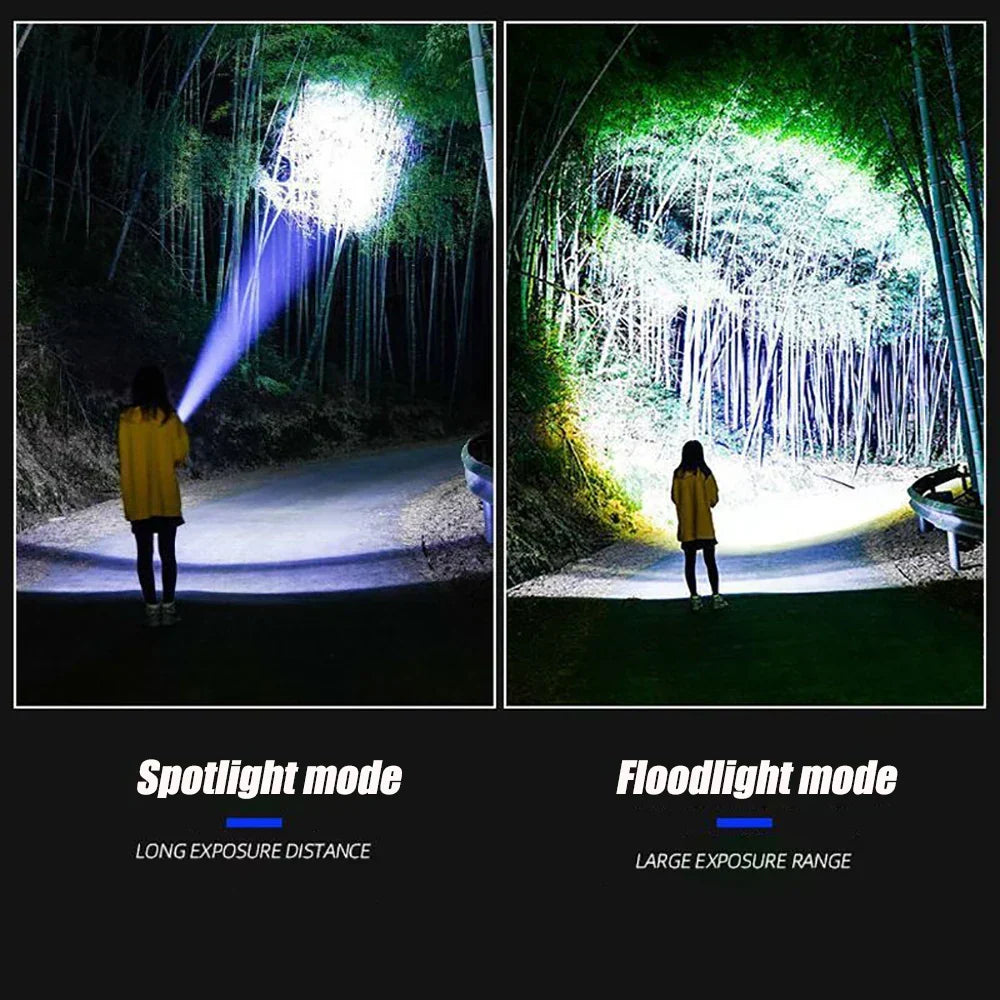 Close-up of Striker 10000 lumen rechargeable LED torch, showcasing its rugged design and LED light.