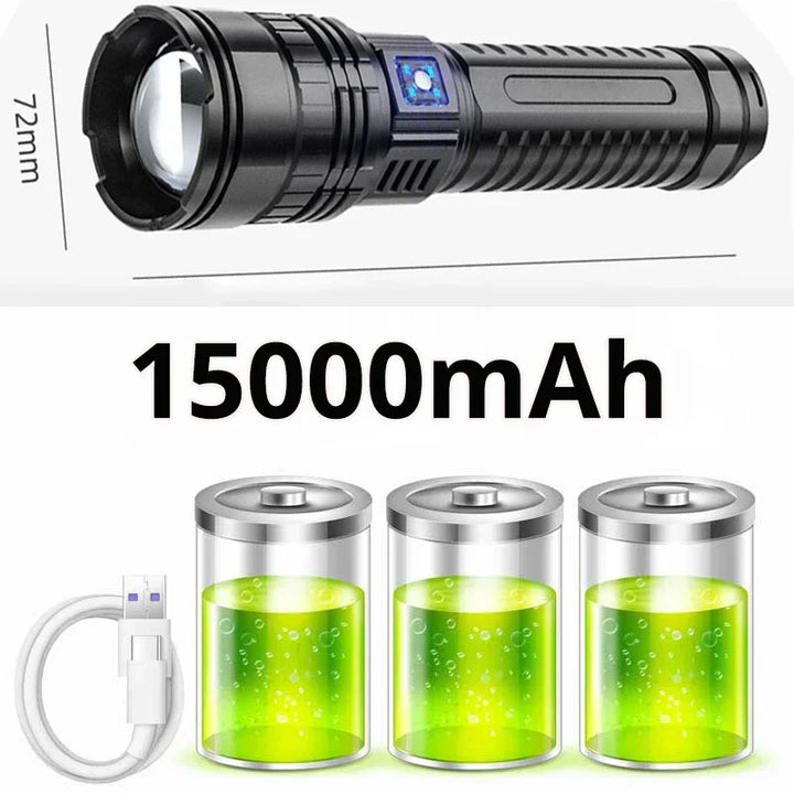 Powerful 10000 lumen LED torch lighting a dark trail, ideal rechargeable outdoor gear for hikers.